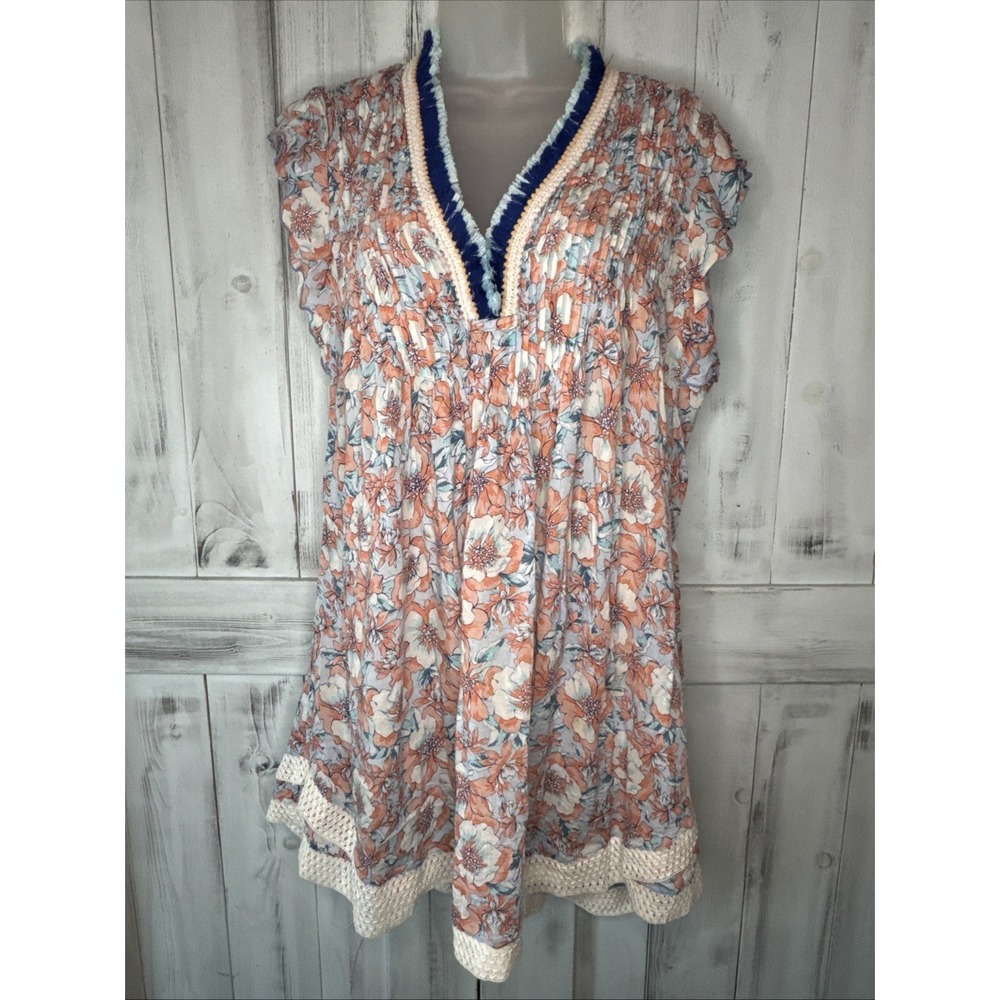 POUPETTE ST BARTH PEACH BLUE FLORAL SASHA PLEATED FLUTTER SLEEVE MINI DRESS S